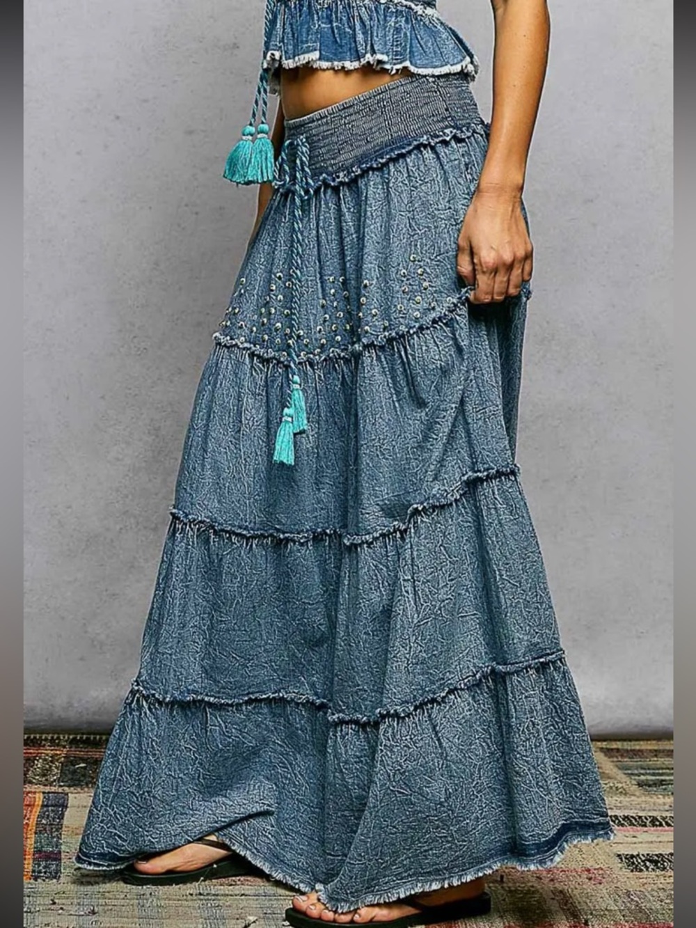 671. POL Embroidered bead tassel tiered denim maxi skirt - Picture 3 of 5